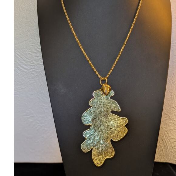 Gold Tone Genuine Leaf Pendant W/ Acorn Charm on Sturdy 22" Gold Tone Chain - Picture 1 of 8